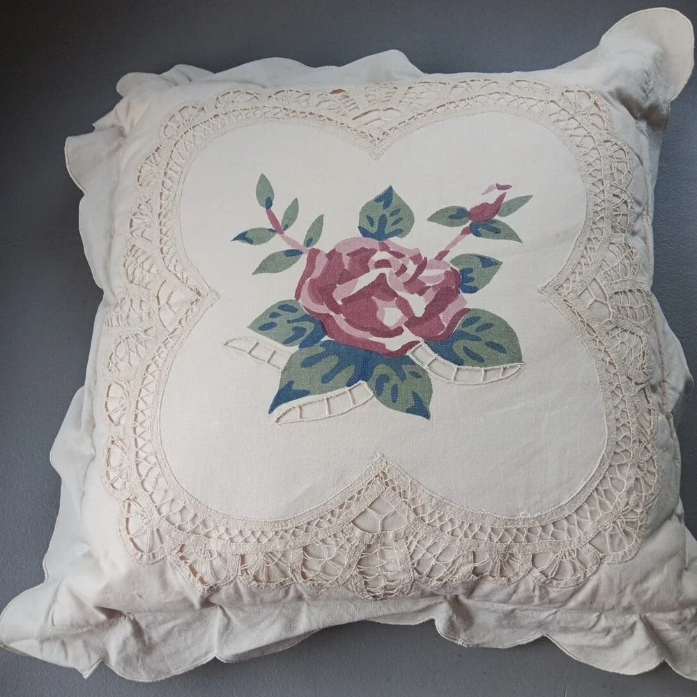 Romantic Pillow LINEN Cotton Cutwork Rose Enter Beige Ruffle Prairie Cottagecore - Picture 2 of 8